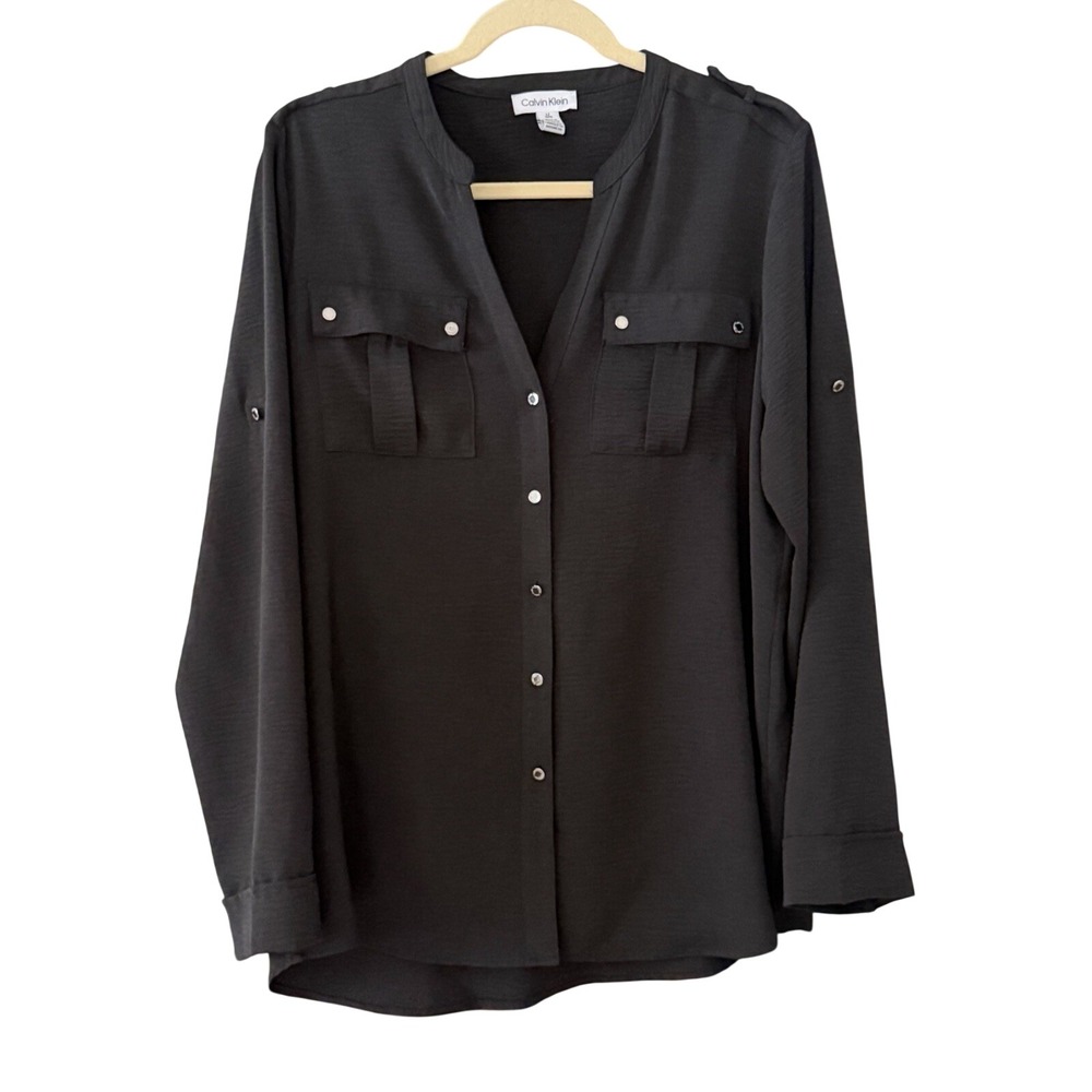 Calvin Klein Women's‎ L Black Roll Tab Sleeve Button Front Blouse | SKU 0344
